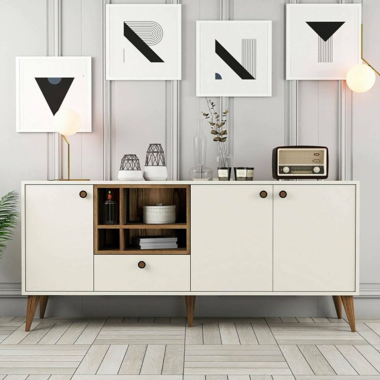 Credenza Merope, Buffet da soggiorno, Madia da salotto, Dispensa da cucina, 180x35 h81 cm, Crema