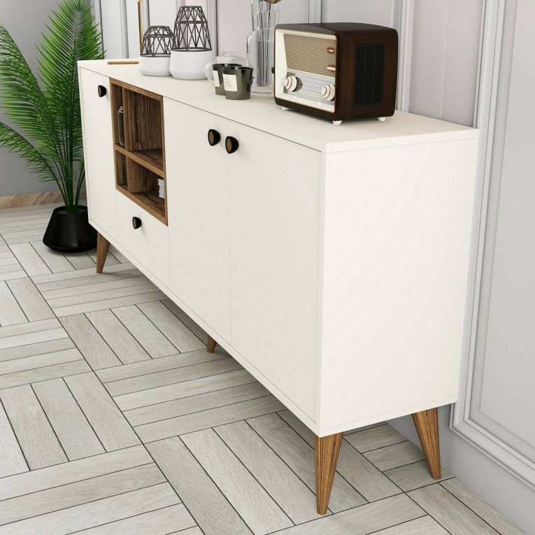 Credenza Merope, Buffet da soggiorno, Madia da salotto, Dispensa da cucina, 180x35 h81 cm, Crema