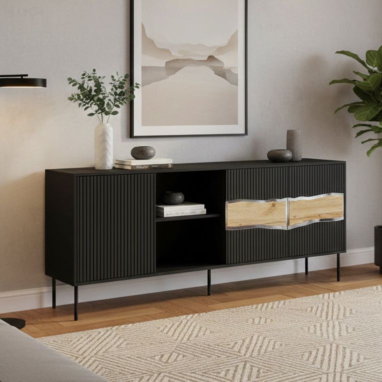Credenza Mestrino, 190x40 h80 cm, Nero e Rovere Nodi
