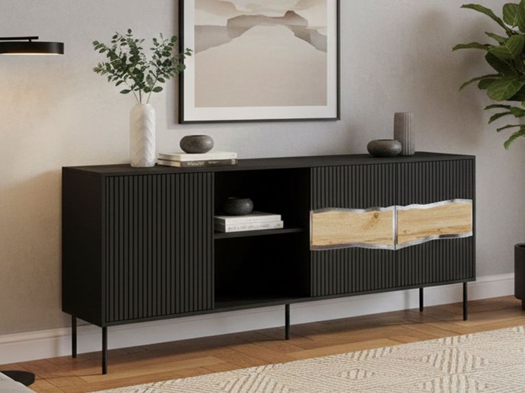 Credenza Mestrino, 190x40 h80 cm, Nero e Rovere Nodi