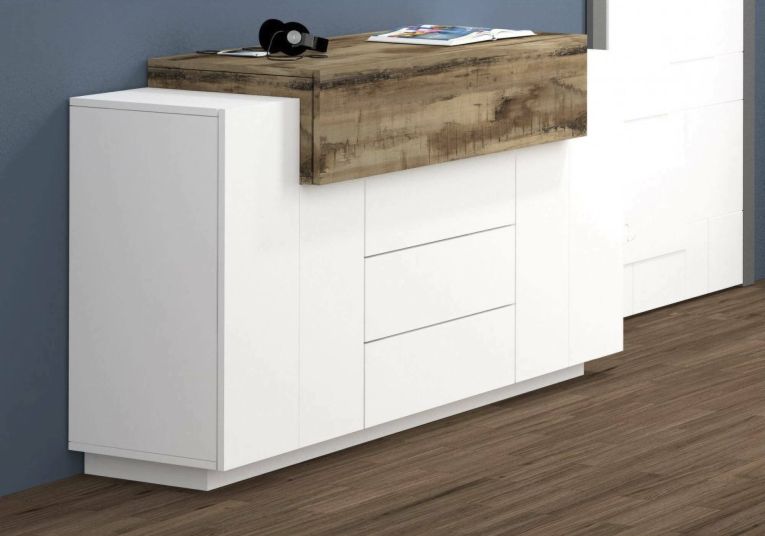 Credenza Milo, Madia da cucina a 3 ante e 3 cassetti, Buffet da soggiorno, 100% Made in Italy, cm 160x45h86, Bianco lucido e Acero