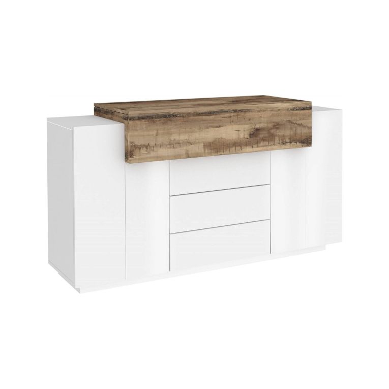 Credenza Milo, Madia da cucina a 3 ante e 3 cassetti, Buffet da soggiorno, 100% Made in Italy, cm 160x45h86, Bianco lucido e Acero