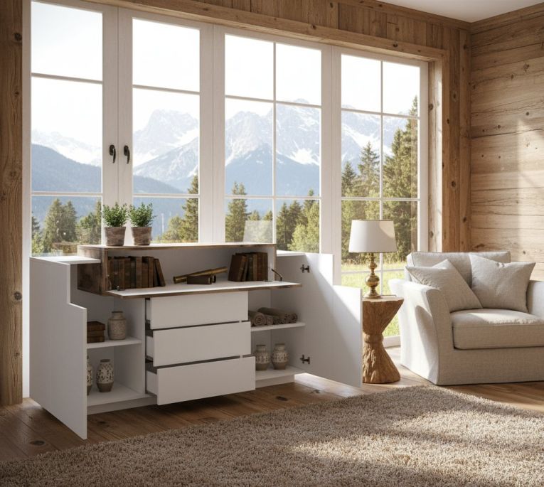 Credenza Milo, Madia da cucina a 3 ante e 3 cassetti, Buffet da soggiorno, 100% Made in Italy, cm 160x45h86, Bianco lucido e Acero