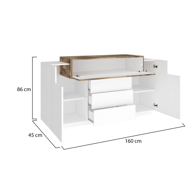 Credenza Milo, Madia da cucina a 3 ante e 3 cassetti, Buffet da soggiorno, 100% Made in Italy, cm 160x45h86, Bianco lucido e Acero