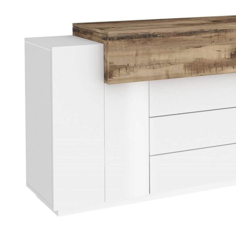 Credenza Milo, Madia da cucina a 3 ante e 3 cassetti, Buffet da soggiorno, 100% Made in Italy, cm 160x45h86, Bianco lucido e Acero