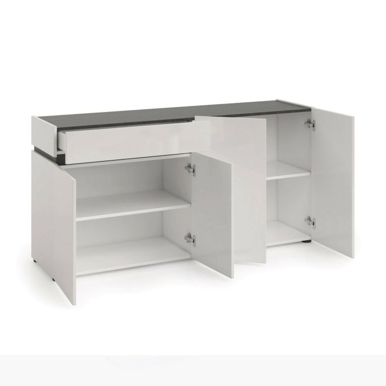 Credenza Monrovia, Buffet da soggiorno, Madia da salotto, Dispensa da cucina, Made in Italy, 160x42h80 cm, Bianco lucido e Antracite