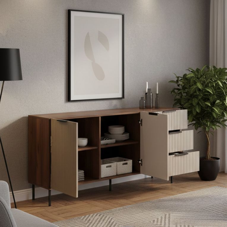 Credenza Monzuno, 156x42 h75 cm, Noce e Beige