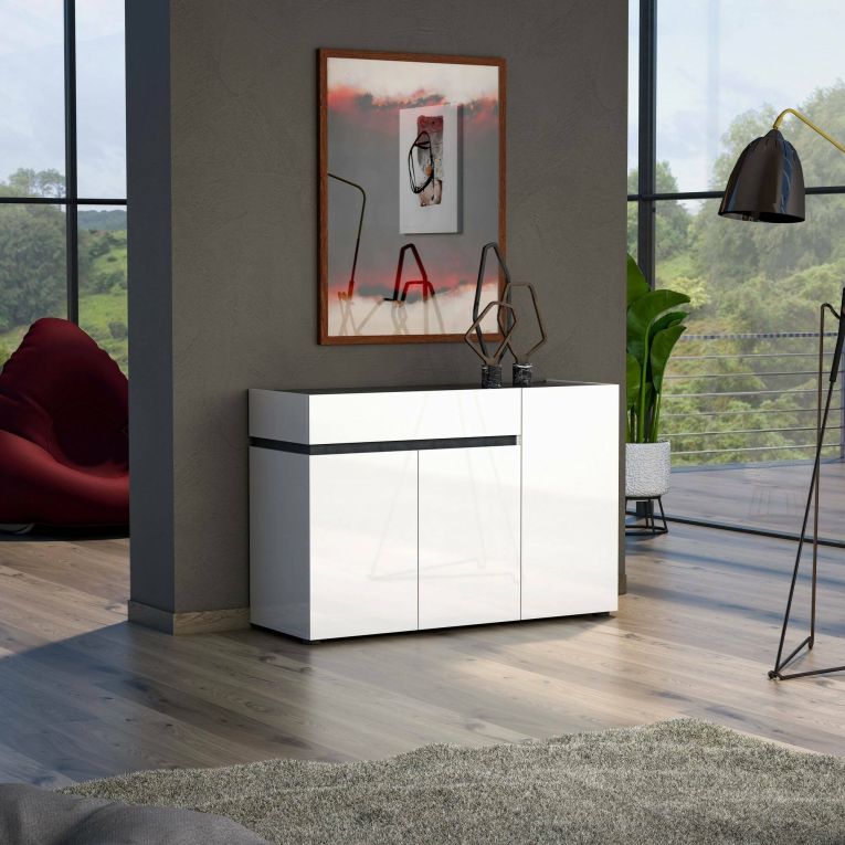 Credenza Nairobi, Buffet da soggiorno, Madia da salotto, Dispensa da cucina, Made in Italy, 120x42h80 cm, Bianco lucido e Antracite