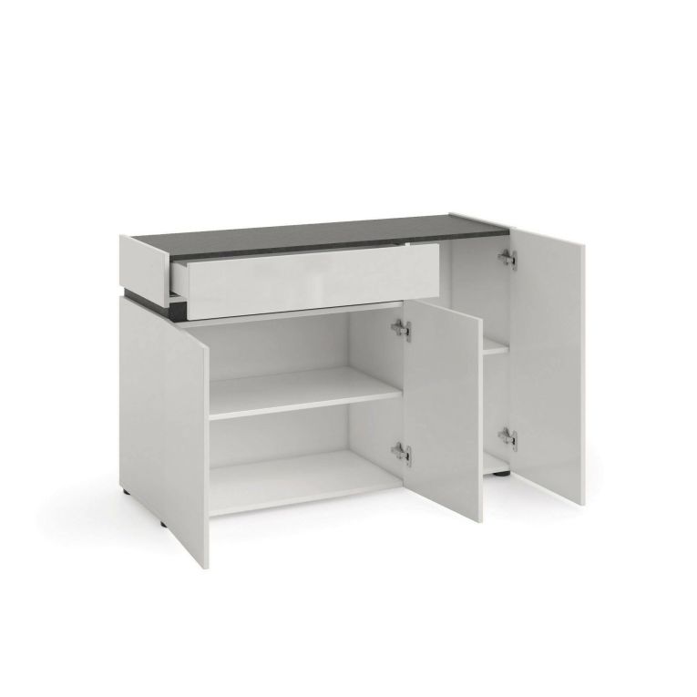 Credenza Nairobi, Buffet da soggiorno, Madia da salotto, Dispensa da cucina, Made in Italy, 120x42h80 cm, Bianco lucido e Antracite