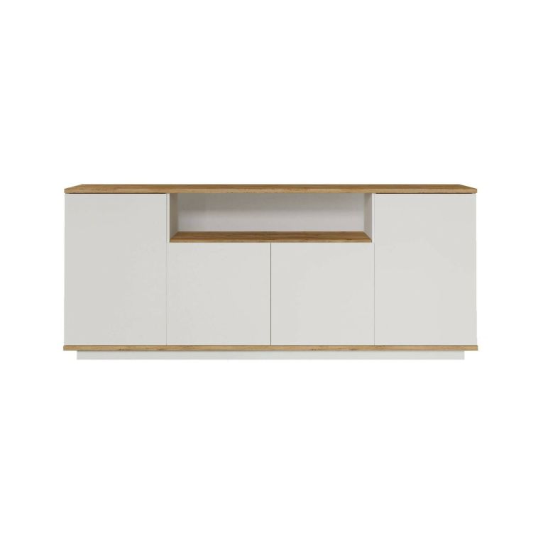 Credenza Nekkar, Buffet da soggiorno, Madia da salotto, Dispensa moderna da cucina, 180x45h75 cm, Quercia e Bianco