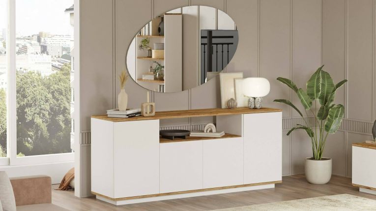 Credenza Nekkar, Buffet da soggiorno, Madia da salotto, Dispensa moderna da cucina, 180x45h75 cm, Quercia e Bianco