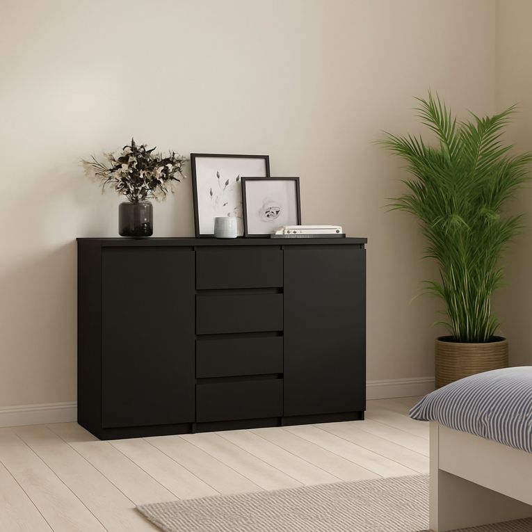 Credenza nera 120x50x90h cm 2 ante e 4 cassetti - Angelika