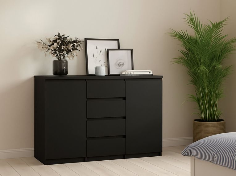 Credenza nera 120x50x90h cm 2 ante e 4 cassetti - Angelika