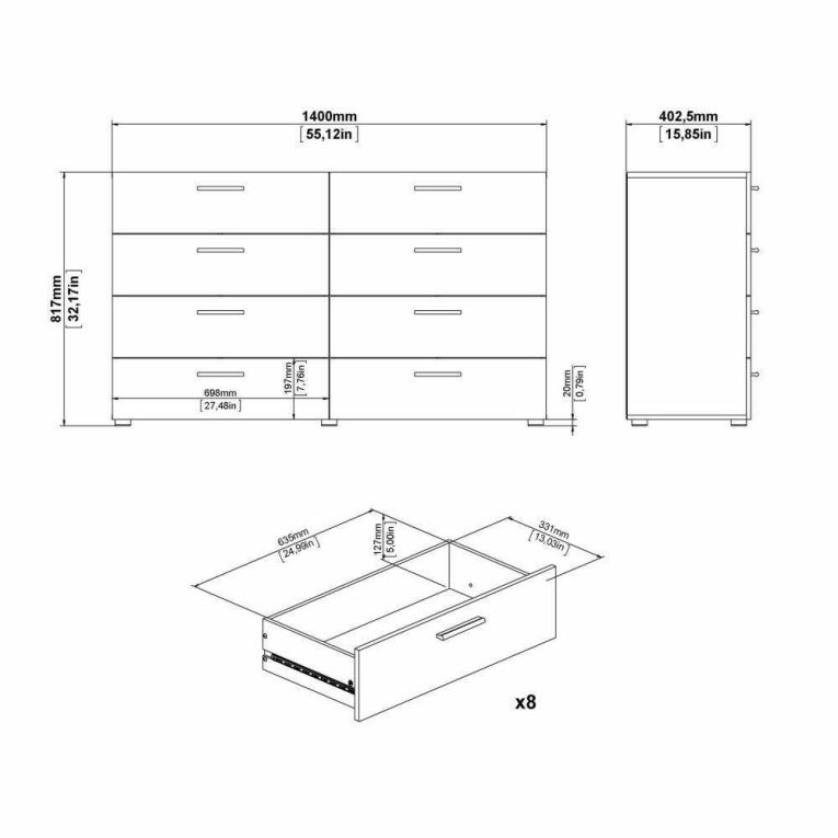 Credenza nera 140x40x81h cm 8 cassetti - Urduja