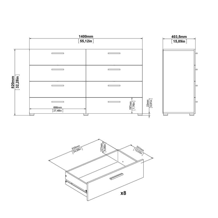 Credenza nera 140x40x82h cm 8 cassetti - Aligon