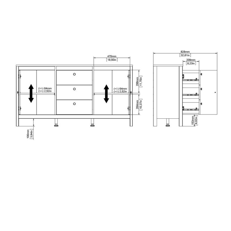 Credenza nera 151x38x79h cm 2 ante e 3 cassetti - Whitney