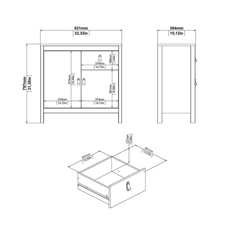 Credenza nera 82x38x79h cm 2 ante e 1 cassetto - Romagna