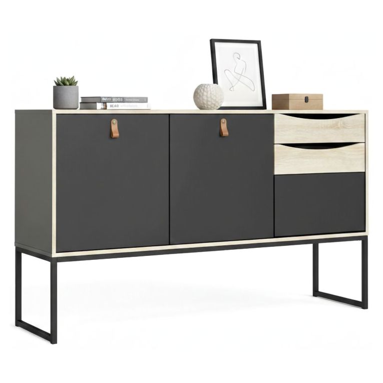 Credenza nera e quercia 147x40x86h cm 2 ante e 3 cassetti - Khan