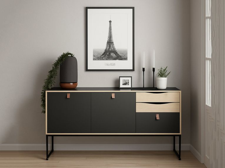 Credenza nera e quercia 147x40x86h cm 2 ante e 3 cassetti - Khan