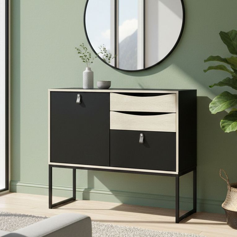 Credenza nera e quercia 98x40x86h cm 1 anta e 3 cassetti - Molise
