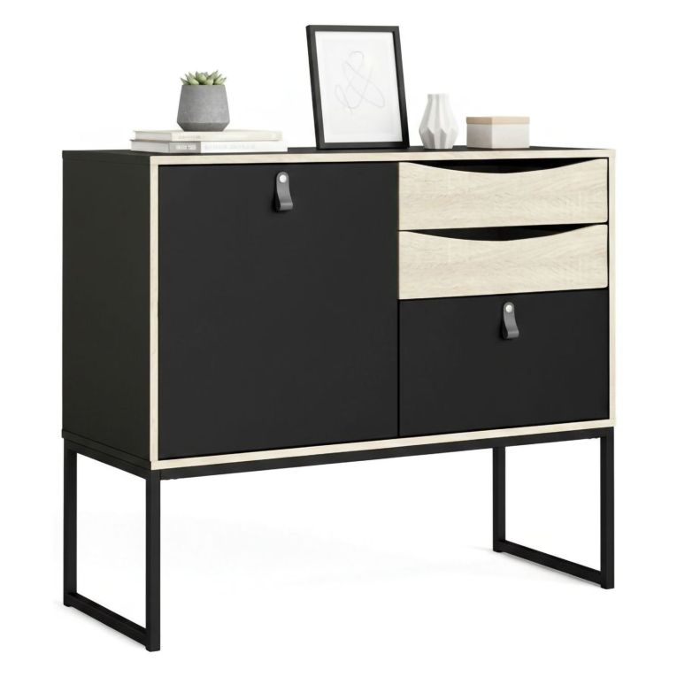 Credenza nera e quercia 98x40x86h cm 1 anta e 3 cassetti - Molise