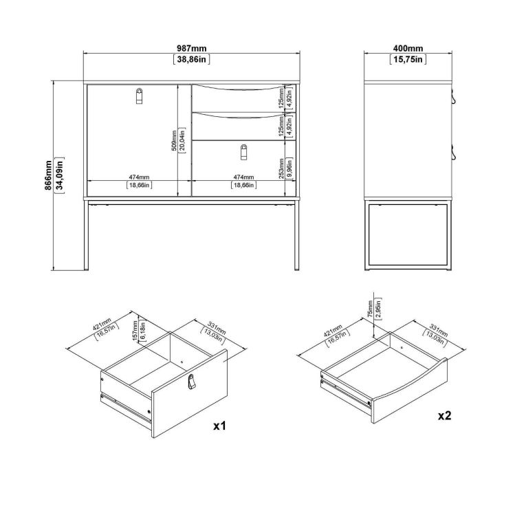 Credenza nera e quercia 98x40x86h cm 1 anta e 3 cassetti - Molise