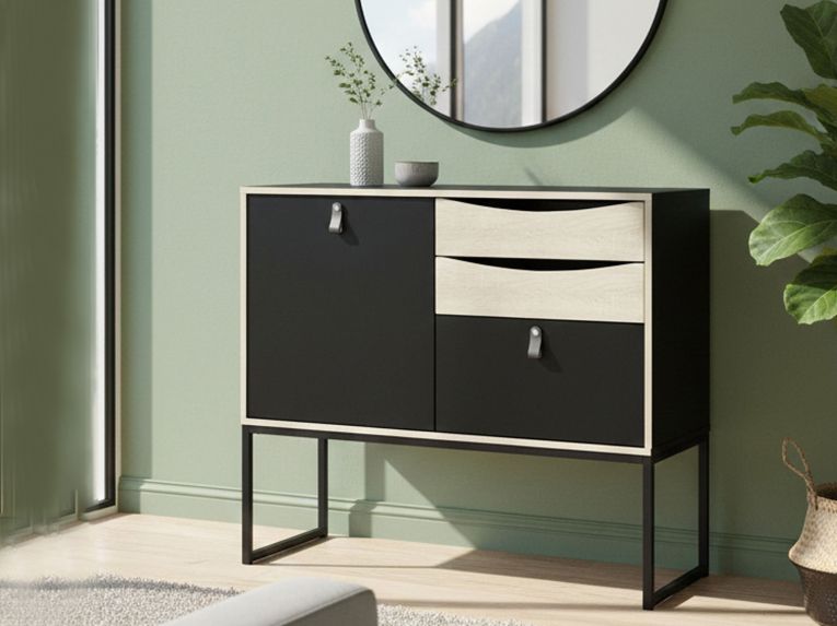 Credenza nera e quercia 98x40x86h cm 1 anta e 3 cassetti - Molise