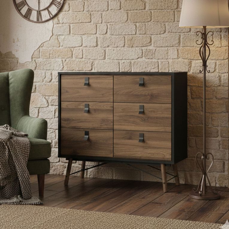 Credenza nera,noce 101x40x94h cm 6 cassetti - Maka