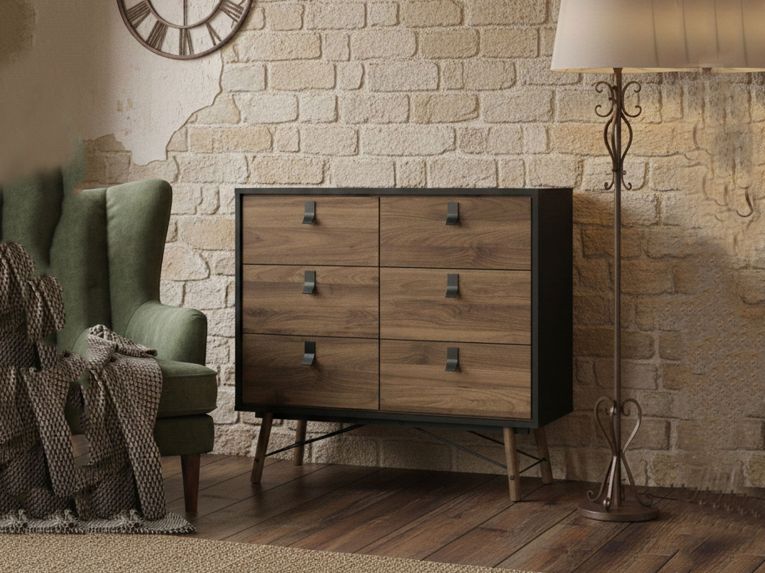 Credenza nera,noce 101x40x94h cm 6 cassetti - Maka