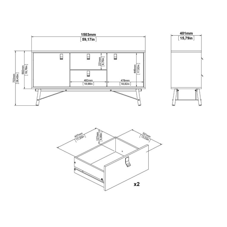 Credenza nera,noce 150x40x72h cm 2 ante e 2 cassetti - Manyi