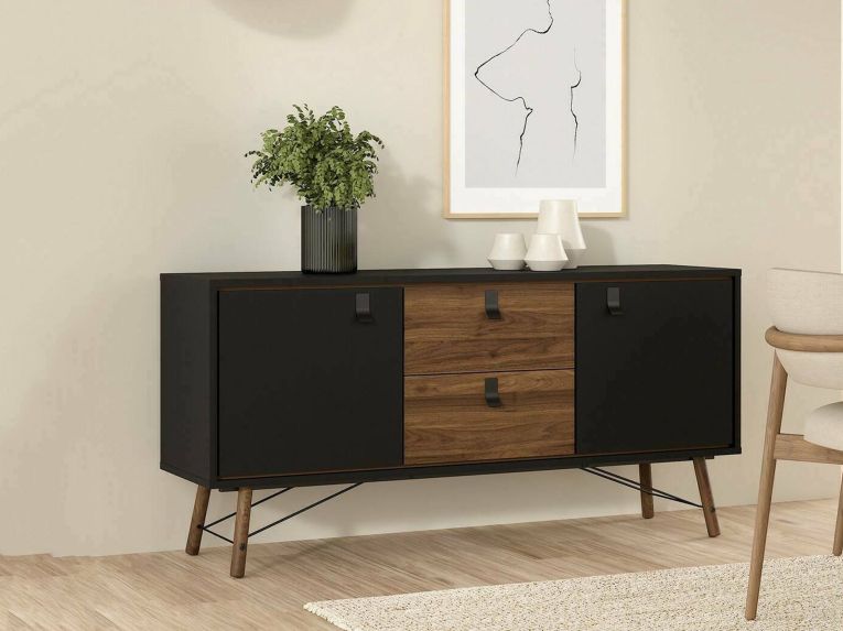 Credenza nera,noce 150x40x72h cm 2 ante e 2 cassetti - Manyi