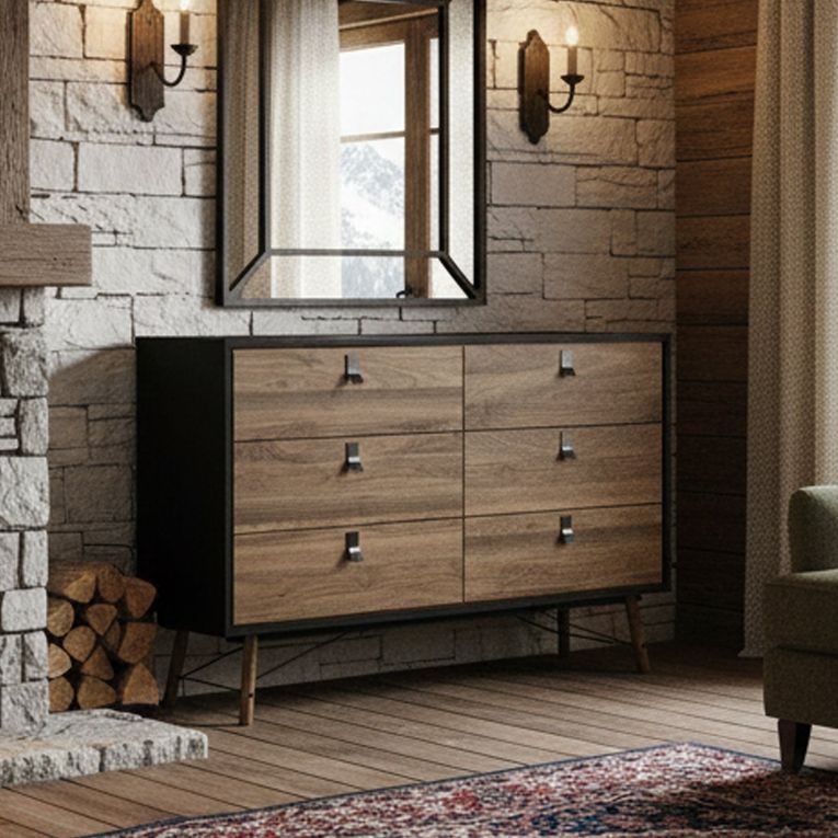 Credenza nera,noce 150x40x94h cm 6 cassetti - Anturio