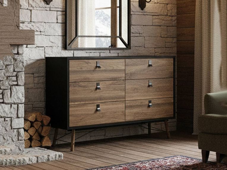 Credenza nera,noce 150x40x94h cm 6 cassetti - Anturio