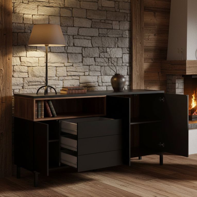 Credenza nera,noce 175x48x89h cm 3 ante e 3 cassetti - Julie