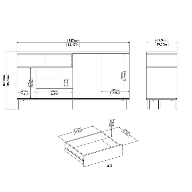 Credenza nera,noce 175x48x89h cm 3 ante e 3 cassetti - Julie