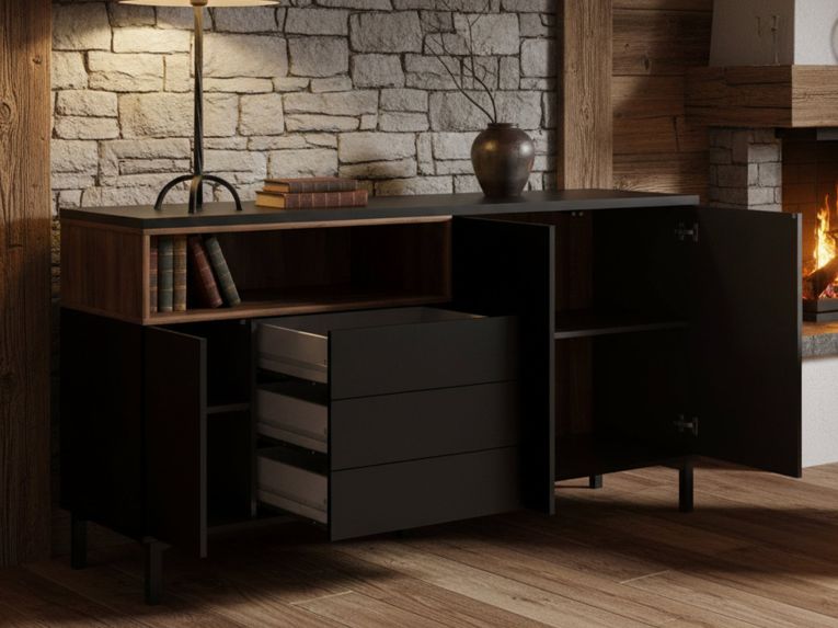 Credenza nera,noce 175x48x89h cm 3 ante e 3 cassetti - Julie
