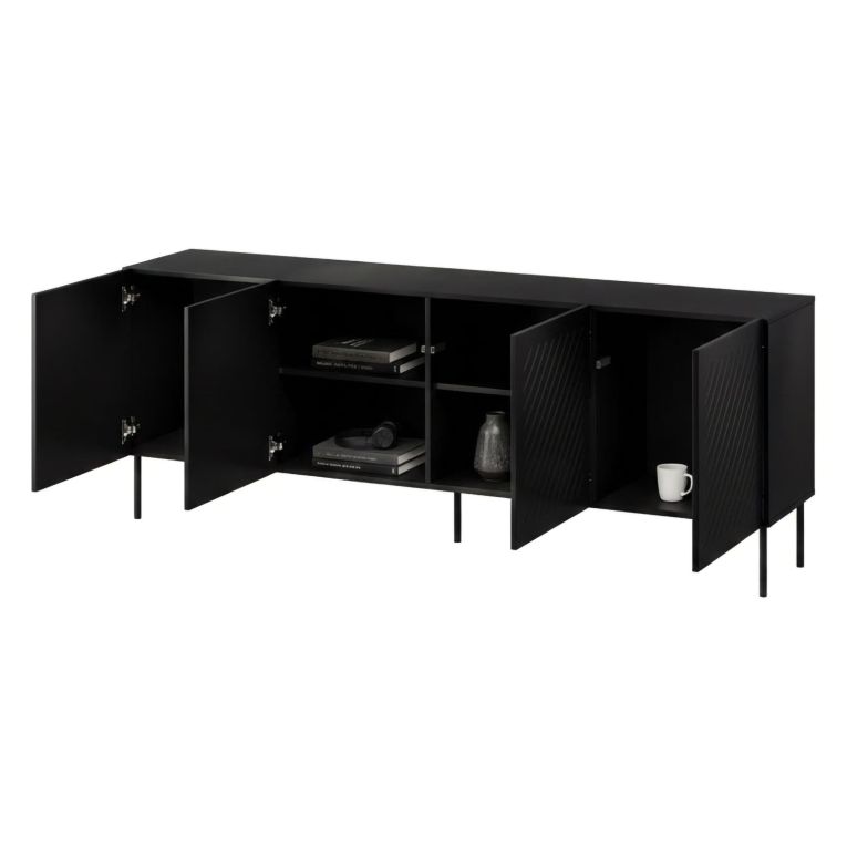 Credenza Nero 2 Ripiani 6 Vani 200.5x42x75h cm, 4 Ante - Carema
