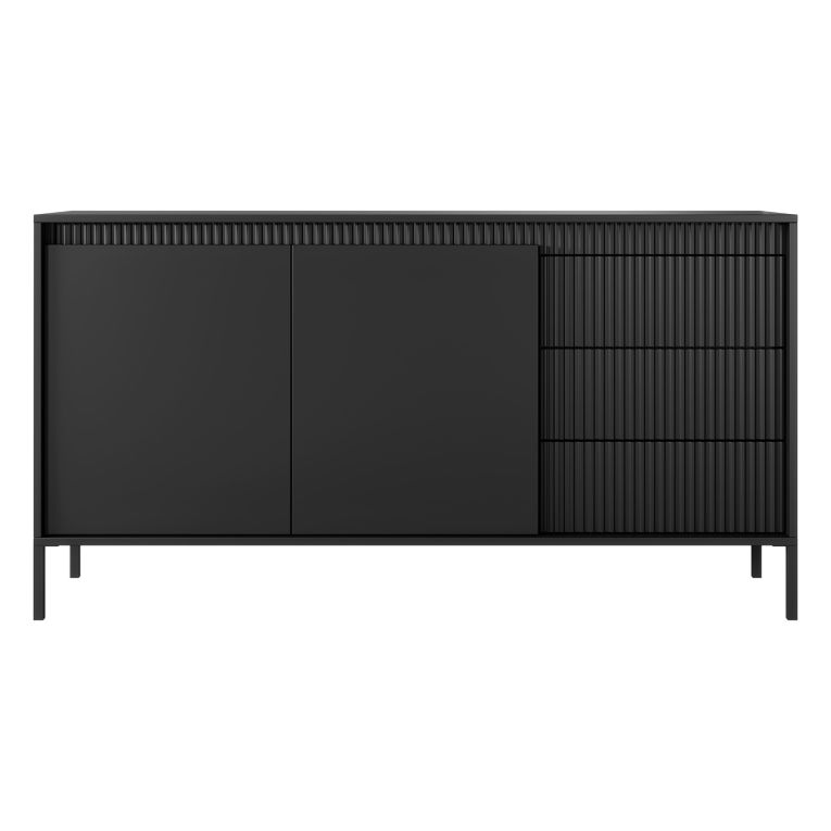 Credenza Nero 3 Cassetti 2 Ripiani 154x40x81h cm, Apertura Battente, Scorrevole - Hatomo
