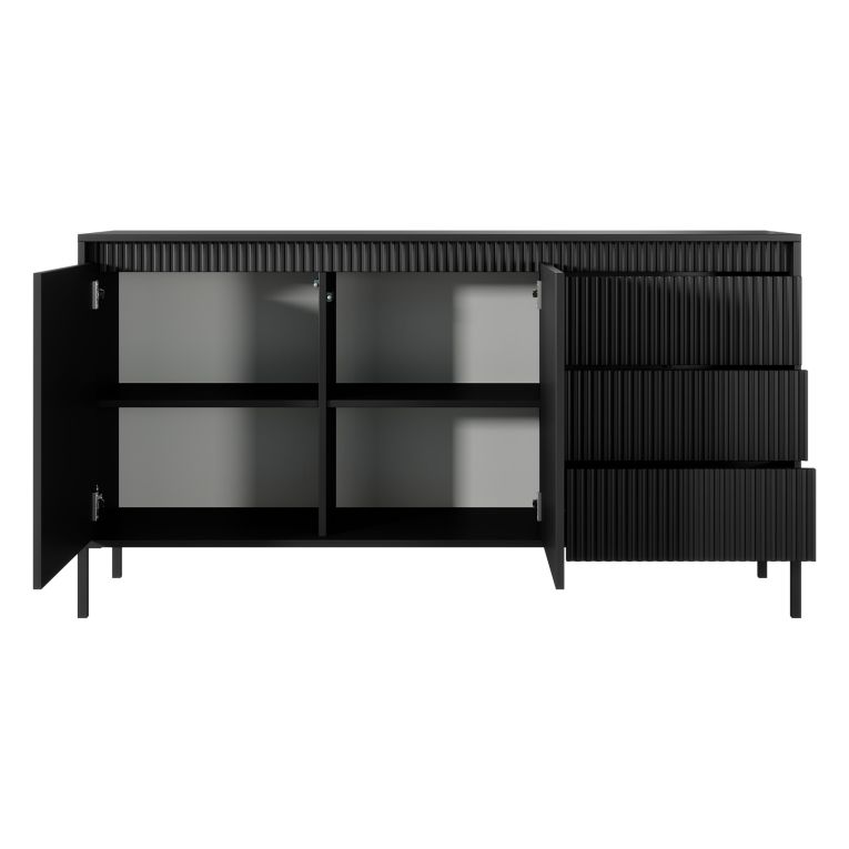 Credenza Nero 3 Cassetti 2 Ripiani 154x40x81h cm, Apertura Battente, Scorrevole - Hatomo