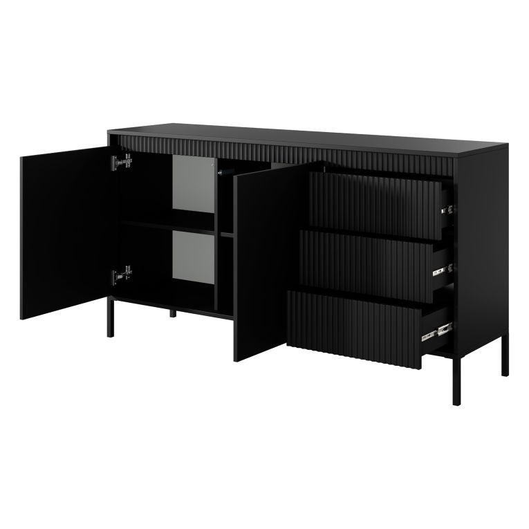 Credenza Nero 3 Cassetti 2 Ripiani 154x40x81h cm, Apertura Battente, Scorrevole - Hatomo