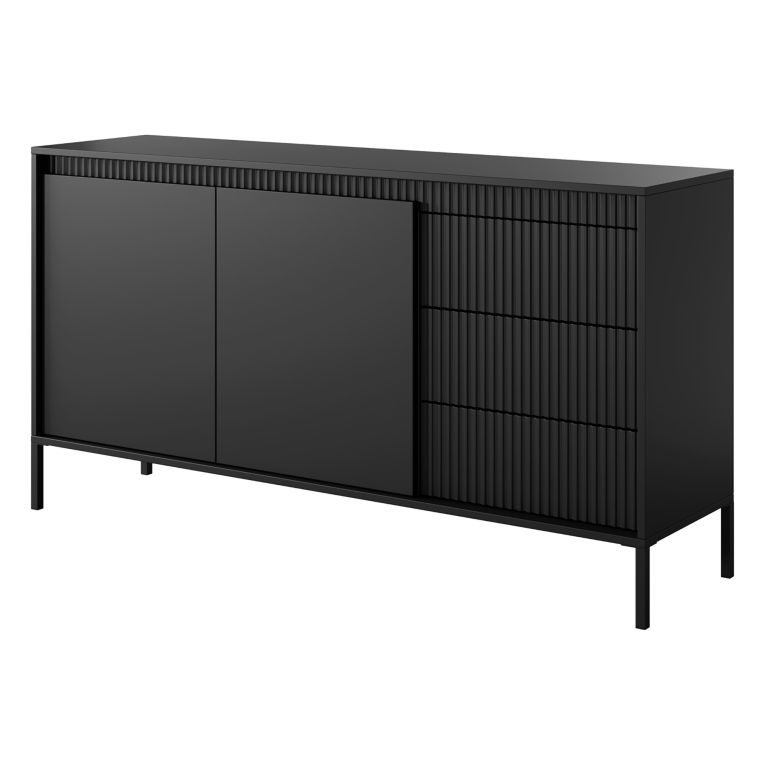 Credenza Nero 3 Cassetti 2 Ripiani 154x40x81h cm, Apertura Battente, Scorrevole - Hatomo