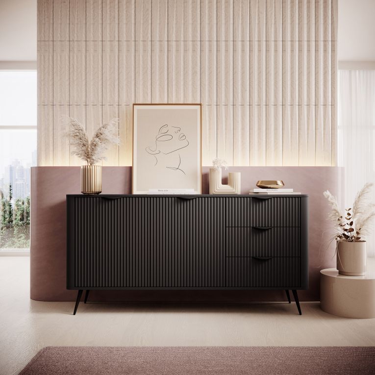 Credenza Nero 3 Cassetti 2 Ripiani 163x38x81h cm, Apertura Battente, Scorrevole - Halilala
