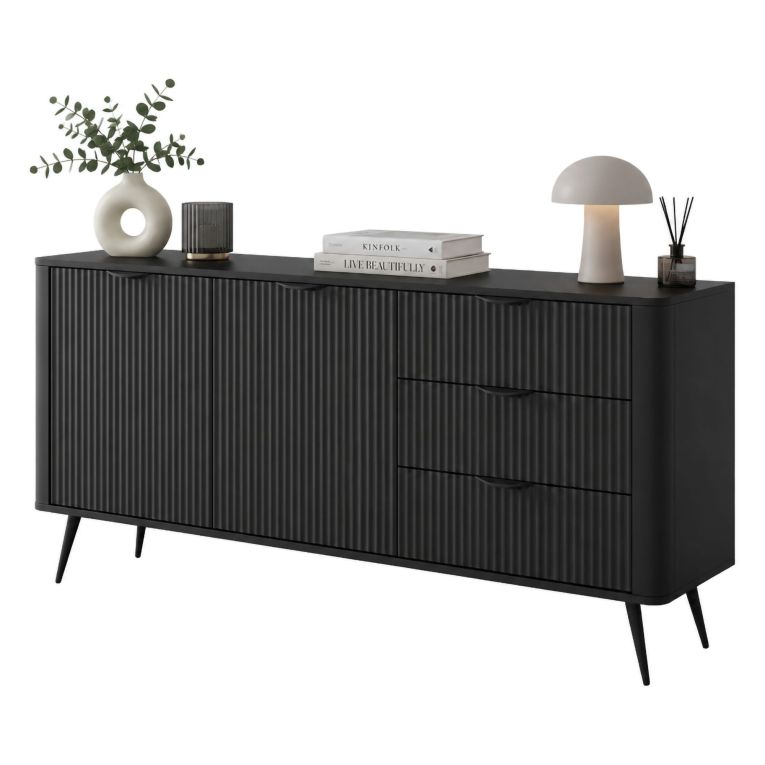 Credenza Nero 3 Cassetti 2 Ripiani 163x38x81h cm, Apertura Battente, Scorrevole - Halilala
