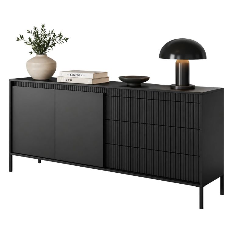 Credenza Nero 3 Cassetti 2 Ripiani 187x40x81h cm, Apertura Battente, Scorrevole - Hatone