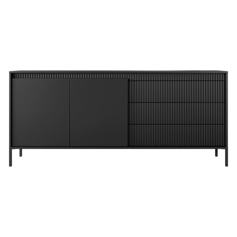 Credenza Nero 3 Cassetti 2 Ripiani 187x40x81h cm, Apertura Battente, Scorrevole - Hatone