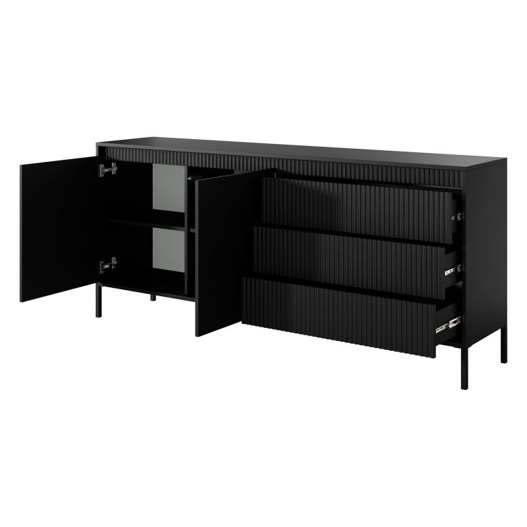 Credenza Nero 3 Cassetti 2 Ripiani 187x40x81h cm, Apertura Battente, Scorrevole - Hatone