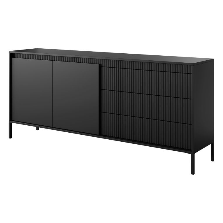 Credenza Nero 3 Cassetti 2 Ripiani 187x40x81h cm, Apertura Battente, Scorrevole - Hatone
