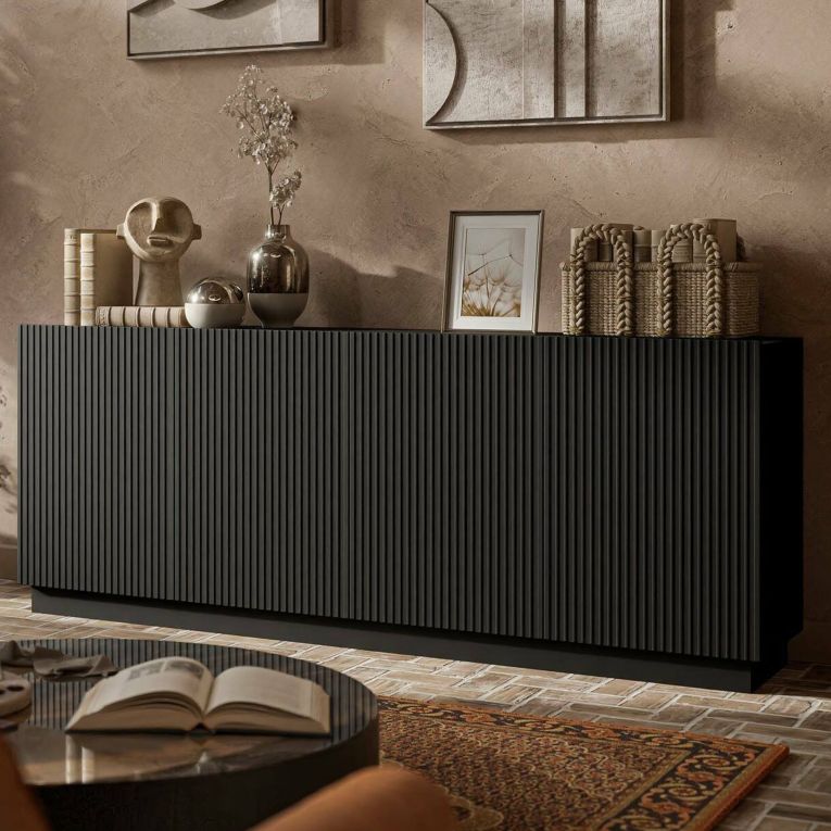 Credenza Nero 4 Ripiani 4 Ante 200x40x78h cm, 8 Vani - Masainas