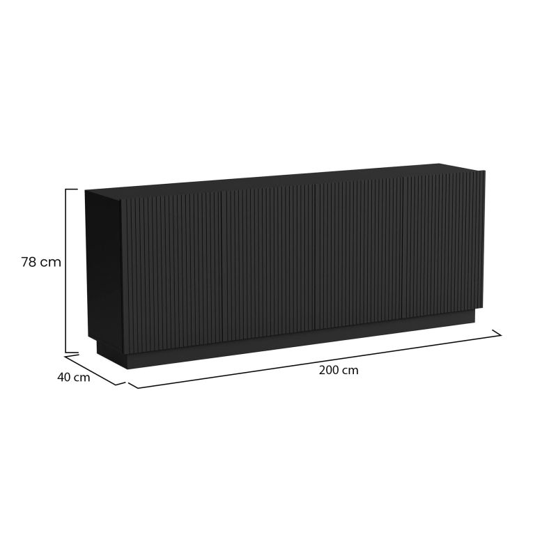 Credenza Nero 4 Ripiani 4 Ante 200x40x78h cm, 8 Vani - Masainas