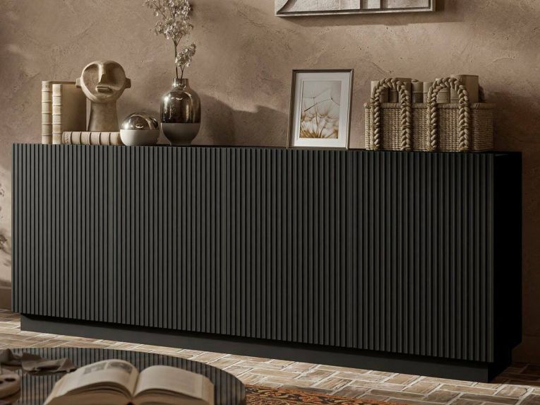 Credenza Nero 4 Ripiani 4 Ante 200x40x78h cm, 8 Vani - Masainas